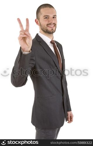 young business man winning, isolated on white