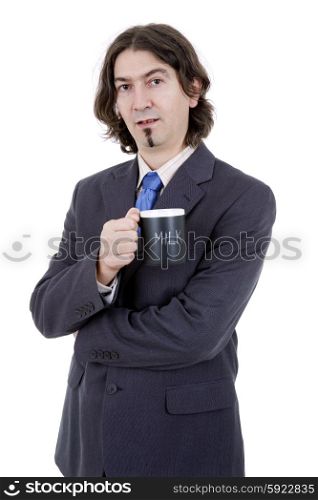 young business man with a cup of milk, isolated
