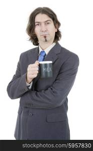 young business man with a cup of milk, isolated