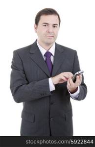 young business man with a phone, isolated