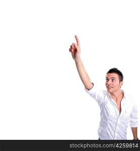 young business man with arm raised, isolated on white background