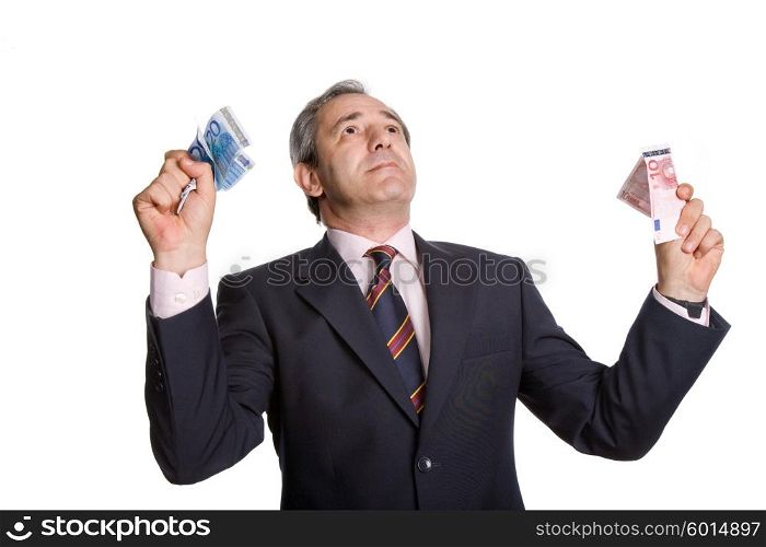 young business man with money over white background
