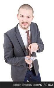 young business man with money over white background