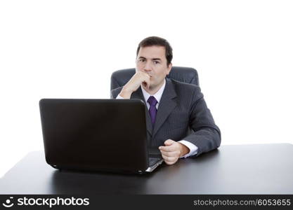 young business man working with is laptop, isolated