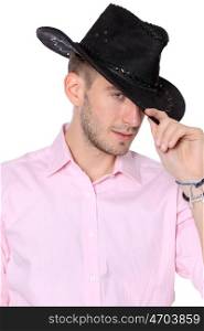 Young business men with cowboy hat portrait, isolated on white background