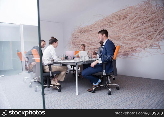 young business people group have meeting and working in modern bright office indoor