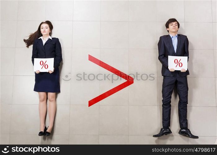 Young business people. Two young people colleagues holding white blank banners