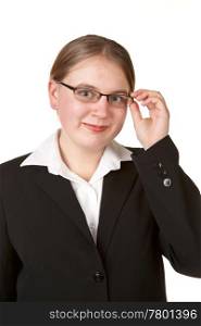 young business woman adjusting glasses isolated white background