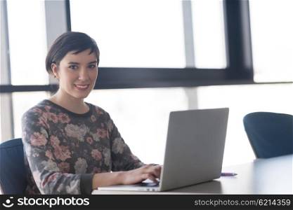 young business woman at modern startup office interior working on laptop computer, blured team in meeting, people group in background