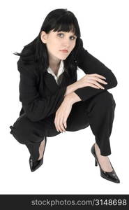 Young business woman. Full body. Brunette in suit.