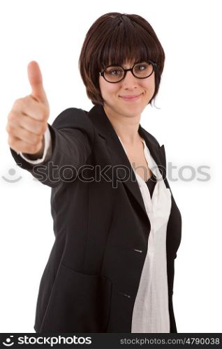 young business woman going thumb up, isolated on white