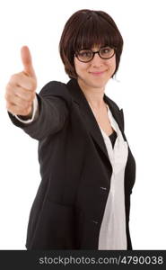 young business woman going thumb up, isolated on white