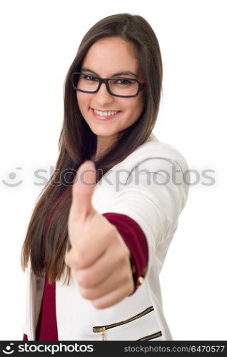 young business woman going thumbs up isolated on white background. business woman