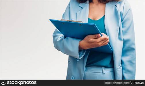 Young business woman her holding file document isolate on white background