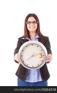 Young business woman holding a white clock, isolated over white background