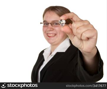 young business woman holding diamond isolated white background