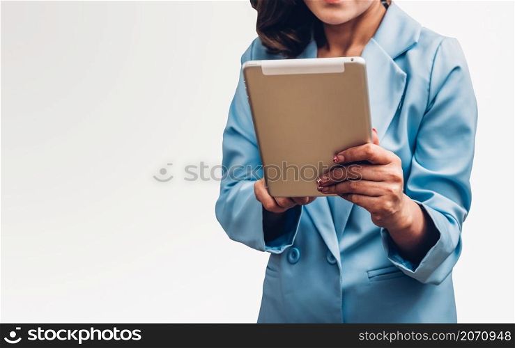 Young business woman holding digital technology tablet computer on her hand isolated white background