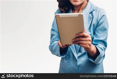 Young business woman holding digital technology tablet computer on her hand isolated white background