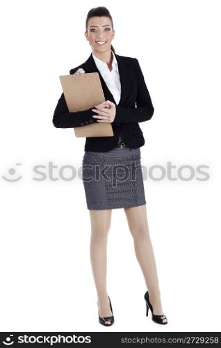 Young business woman holding the clipboard over isolated white background