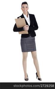 Young business woman holding the clipboard over isolated white background