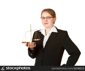 young business woman isolated on white background with justice scales