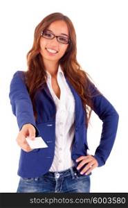 Young business woman offering greeting card