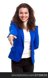 Young business woman offering handshake, isolated over copy space background