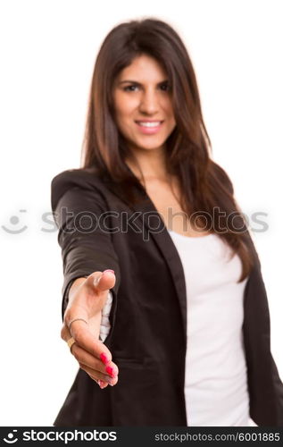 Young business woman offering handshake, isolated over copy space background