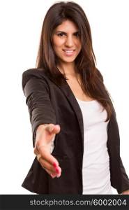 Young business woman offering handshake, isolated over copy space background