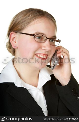 young business woman on mobile phone isolated white background
