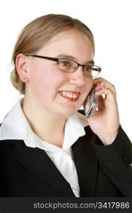 young business woman on mobile phone isolated white background