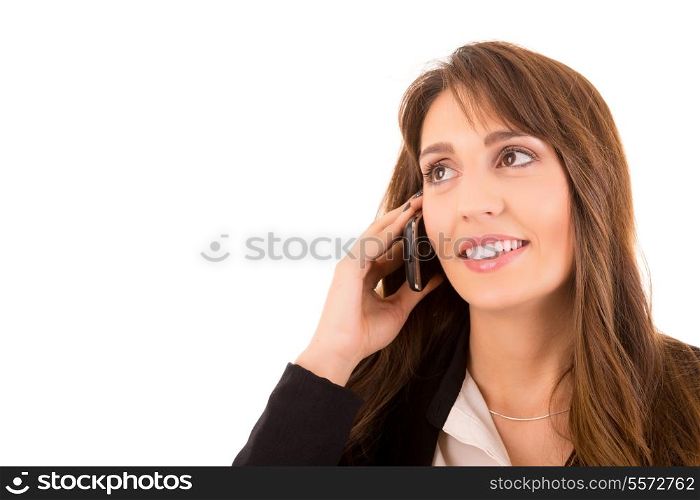 Young business woman on the phone, isolated over a white background