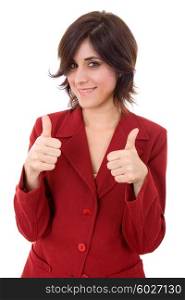 young business woman portrait going thumbs up, isolated on white
