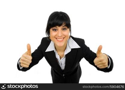 young business woman portrait going thumbs up, isolated on white background