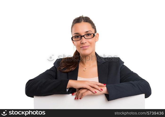 Young business woman presenting your product over a white card