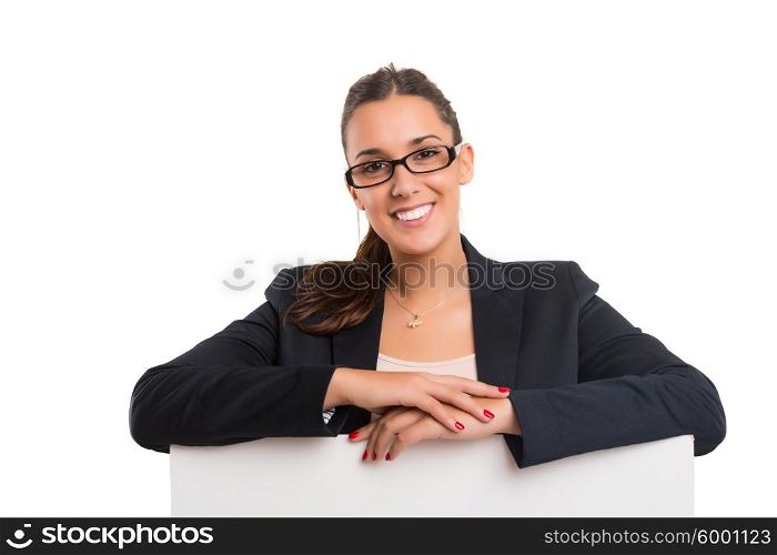 Young business woman presenting your product over a white card