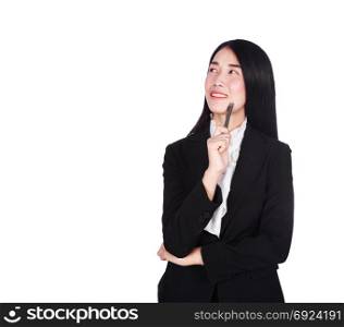 young business woman smiling and thinking isolated on white background
