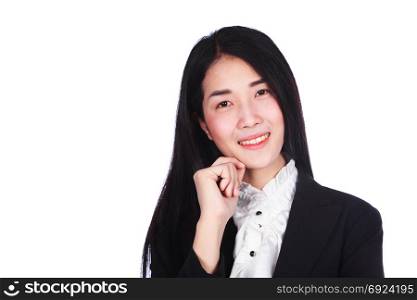 young business woman smiling and thinking isolated on white background