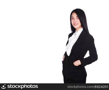 young business woman smiling in suit standing relaxing and hand in pocket isolated on white background