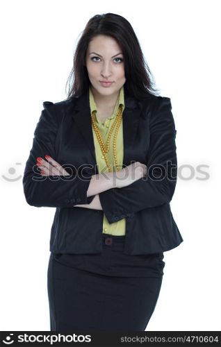 young business woman standing against white background