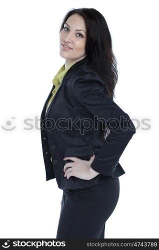 young business woman standing against white background