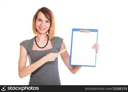 young business woman standing with her clipboard isolated on white background