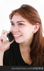 Young business woman talking on the phone - isolated over a white background