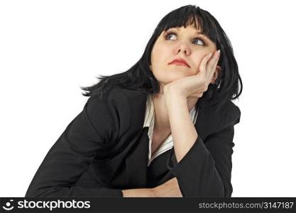 Young business woman thinking. Head shot. Clipping path.
