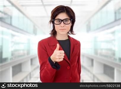 young business woman thumb up, at the office