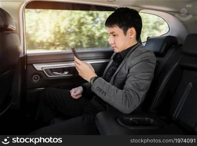 young business woman using a smartphone while sitting in the back seat of car
