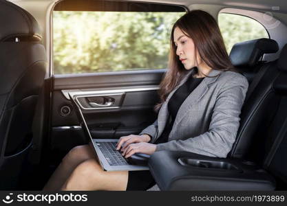 young business woman using laptop computer while sitting in the back seat of car