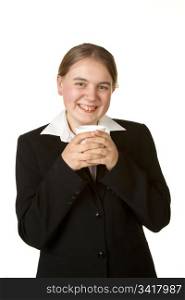 young business woman with coffee isolated on white background