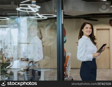 Young business woman with digital tablet walking in the modern office wallway