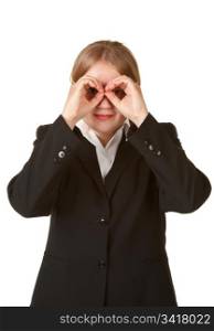 young business woman with hands like binoculars isolated white